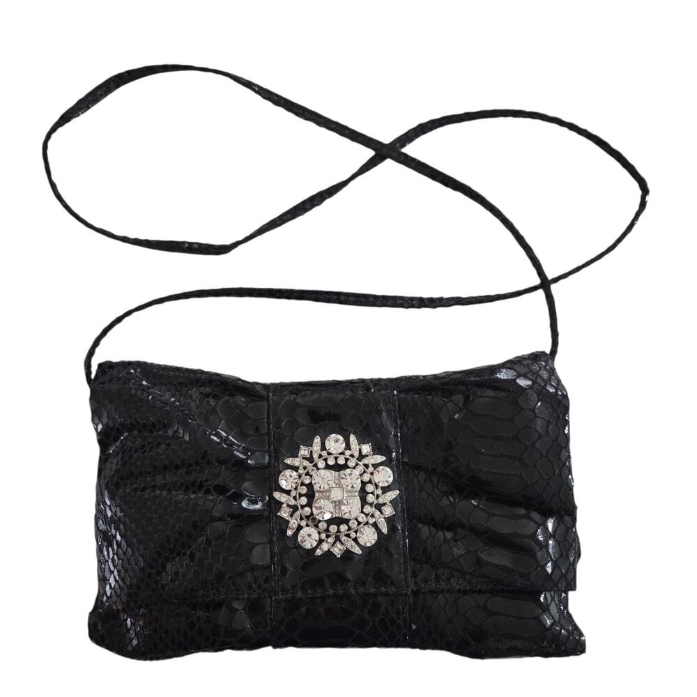 IMAN Embossed Snakeskin Gauze Crystal Film Mini Shoulder Rhinestone Clutch